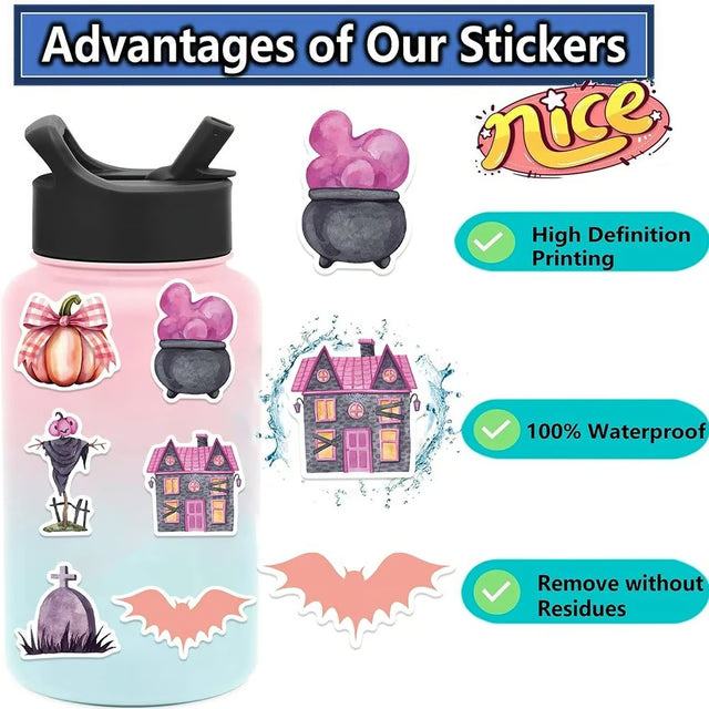 50Pcs Kawaii Pink Halloween Waterproof Stickers for Notebooks & Laptops