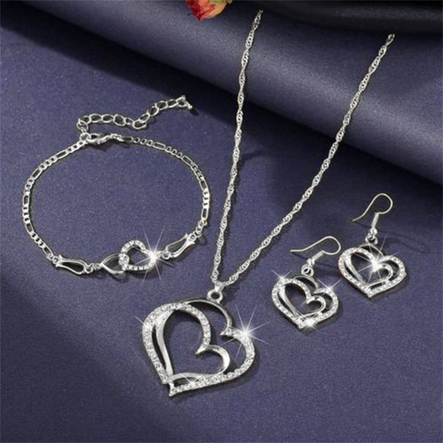 Double Heart Jewelry Set: Exquisite Necklace, Earrings & Bracelet - Romantic Bridal Fashion & Gifts for Her