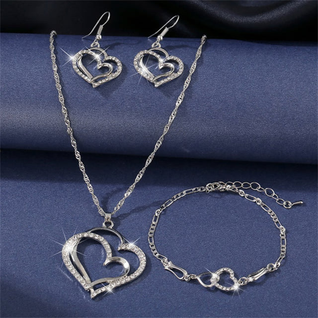 Double Heart Jewelry Set: Exquisite Necklace, Earrings & Bracelet - Romantic Bridal Fashion & Gifts for Her