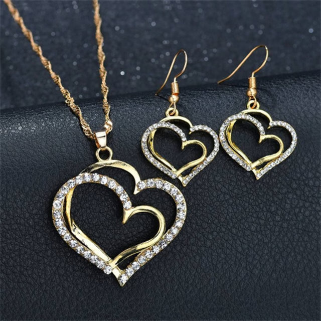Double Heart Jewelry Set: Exquisite Necklace, Earrings & Bracelet - Romantic Bridal Fashion & Gifts for Her