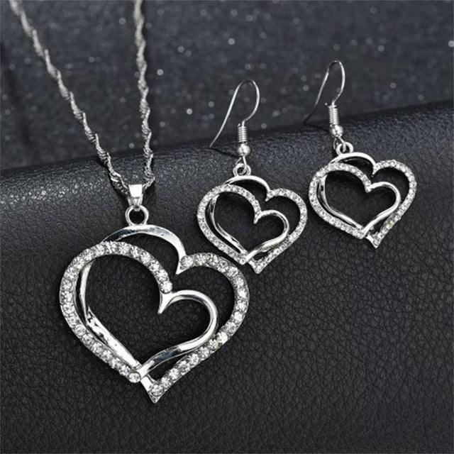 Double Heart Jewelry Set: Exquisite Necklace, Earrings & Bracelet - Romantic Bridal Fashion & Gifts for Her