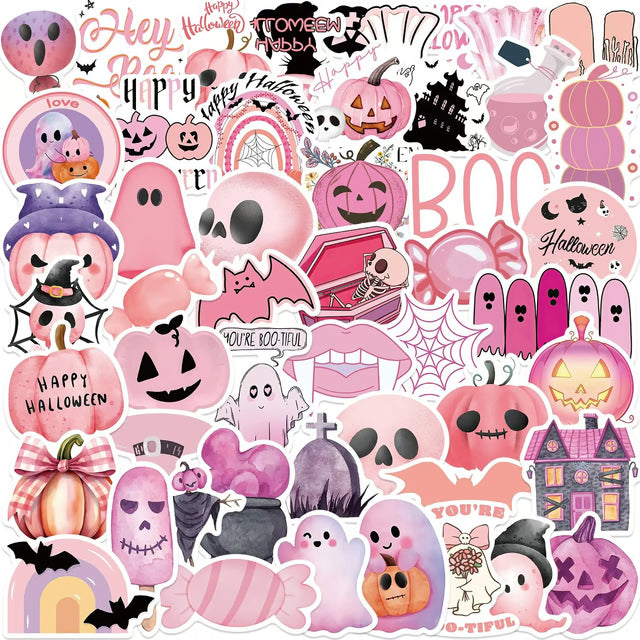 50Pcs Kawaii Pink Halloween Waterproof Stickers for Notebooks & Laptops