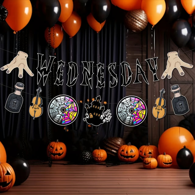 Wednesday Themed Party Supplies, Horror Birthday Banner, Halloween Decorations Kit with Wednesday Inspired Party Banner