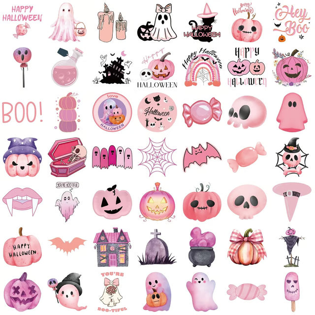 50Pcs Kawaii Pink Halloween Waterproof Stickers for Notebooks & Laptops