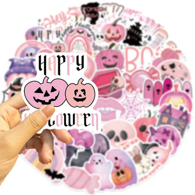 50Pcs Kawaii Pink Halloween Waterproof Stickers for Notebooks & Laptops