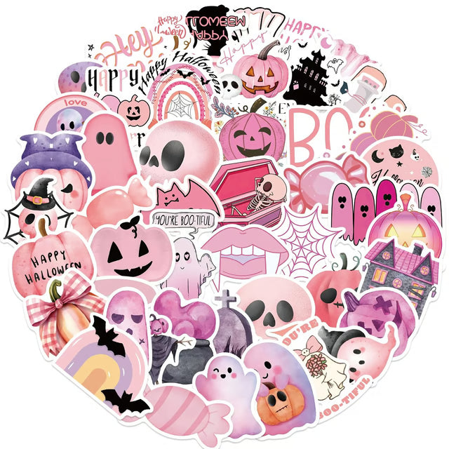 50Pcs Kawaii Pink Halloween Waterproof Stickers for Notebooks & Laptops